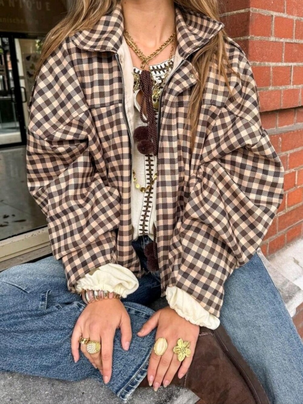 Brown Plaid Woven Women's Zipper Front Jacket